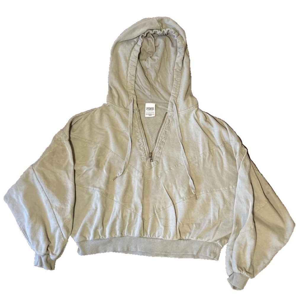 PINK Victoria’s Secret light olive green cropped sweatshirt with hood size XS